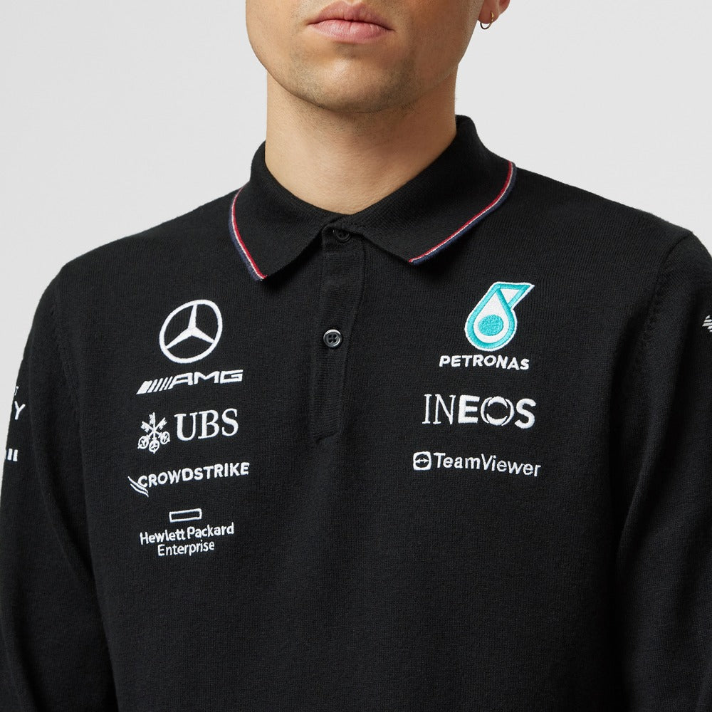 Mercedes AMG Petronas F1 2023 Team Knitted Long Sleeve Polo Mens - Black