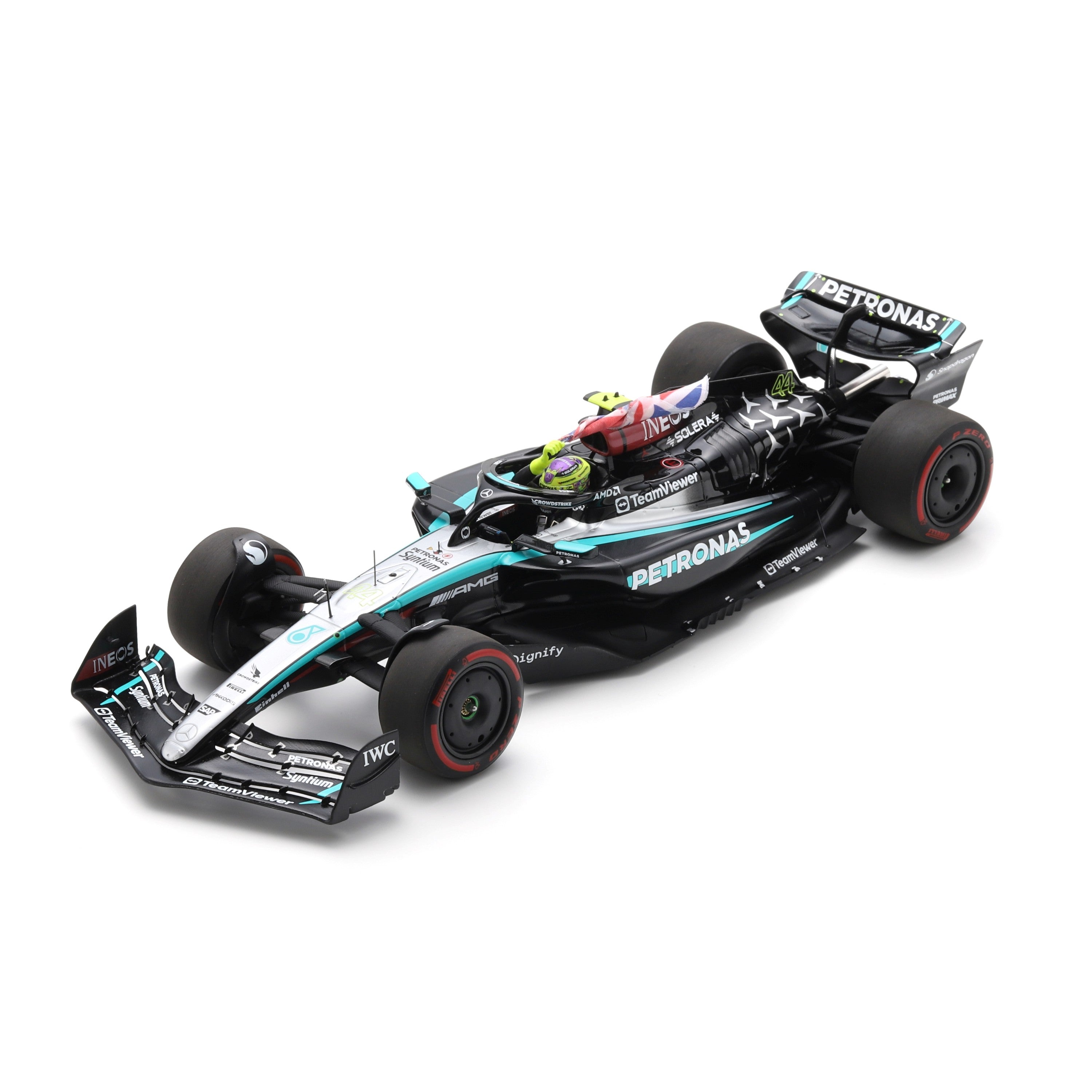 Mercedes AMG Petronas F1 Team W15 No.44 Lewis Hamilton 2024 British GP Winner With Flag - Black - 1:18 Scale